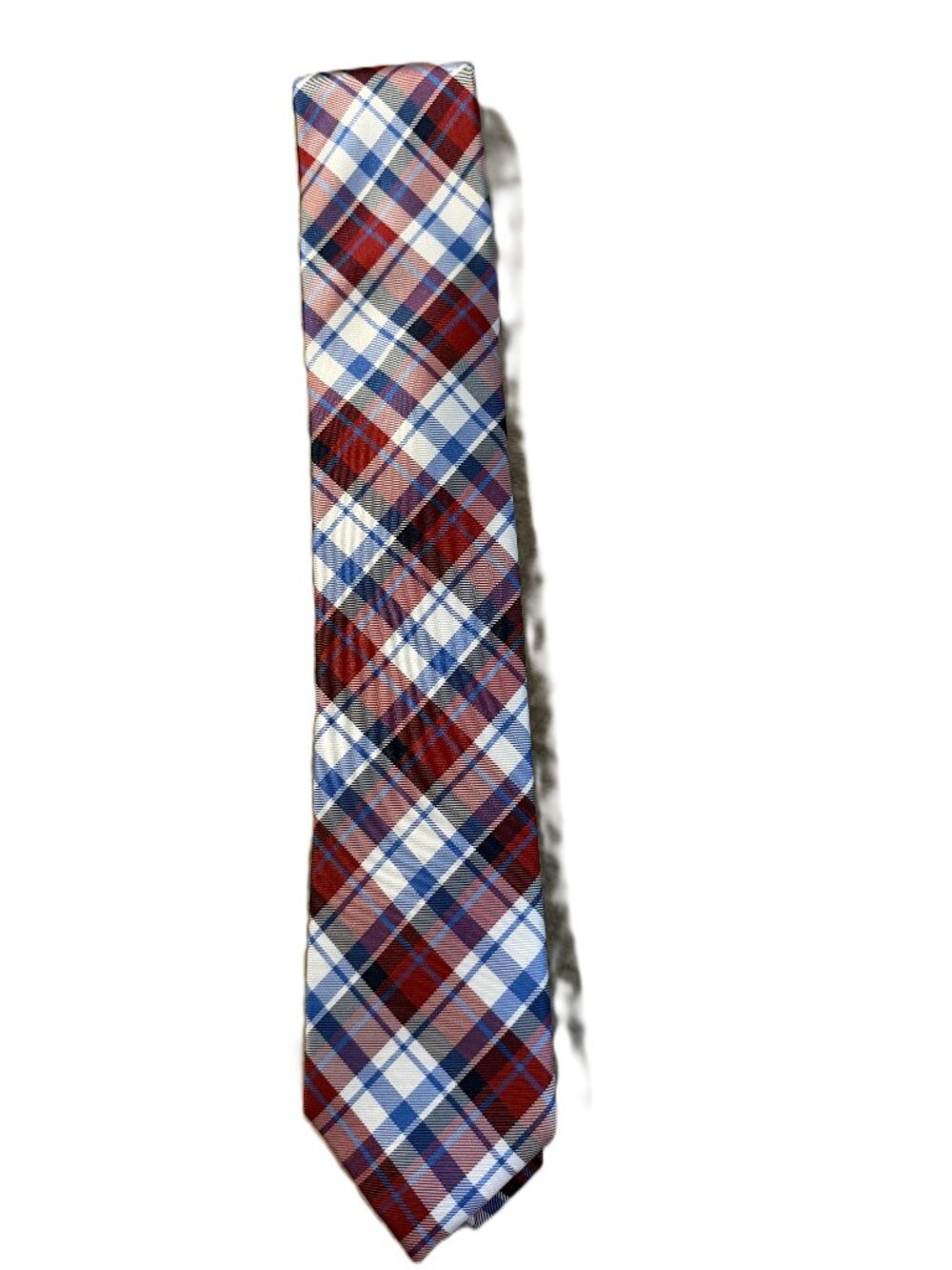 Nautica 100% Silk Tie – (Red, Blue & White Plaid Pattern)